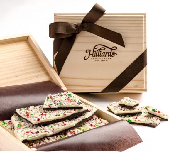 pinewood chocolate gift box with ribbon accents and custom fire branded logo - Golden State Box Factory